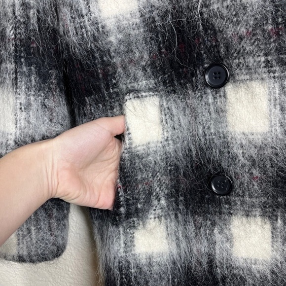 Theory Shaggy Pea Coat Cafe Lithe Wool Blend Black/White Check - Picture 6 of 10